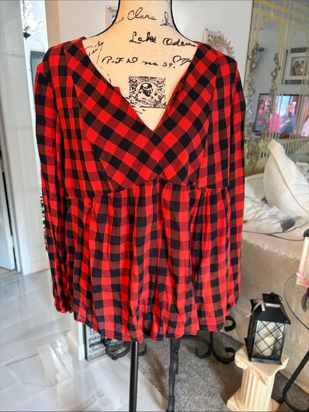 Old Navy Red and Black Plaid V-Neck Tunic